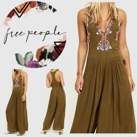 Free People Pants - Free People Amalfi Embroidered Sleeveless Jumpsuit in Olive Green US  2